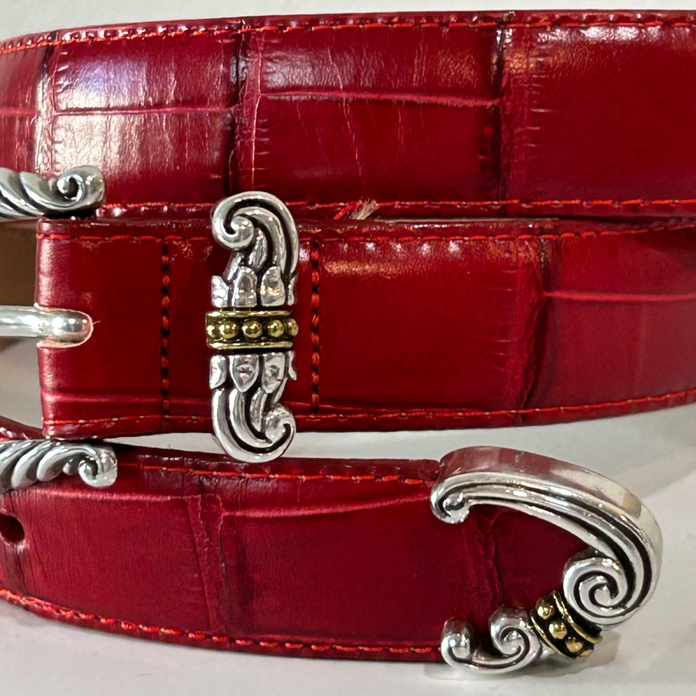 Brighton Red Croc-Embossed Leather Belt ML 32 | Silver Scroll Buckle & Tips USA - Picture 5 of 12